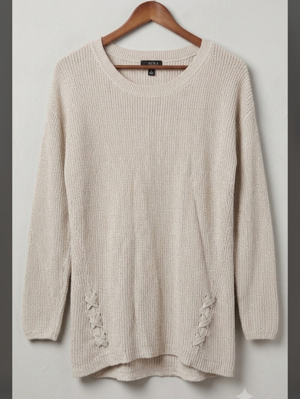 a.n.a A New Approach Women Sweatr Size Large Cream Metallic Ribbed Knit Cotton